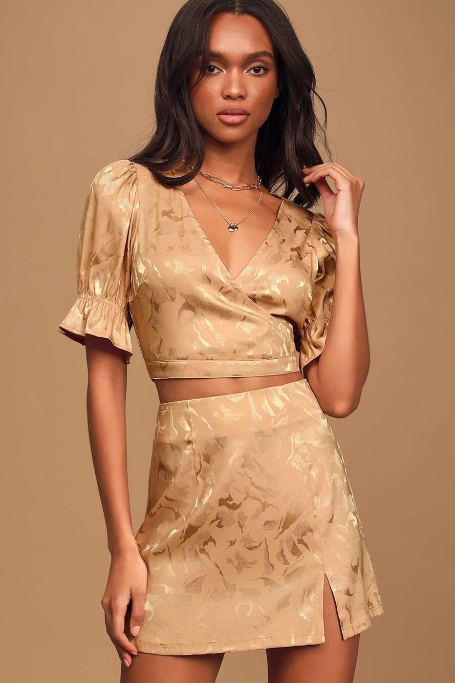 Lulus Divine Creation Beige Floral Embossed Crop Top and Mini Skirt Size Small